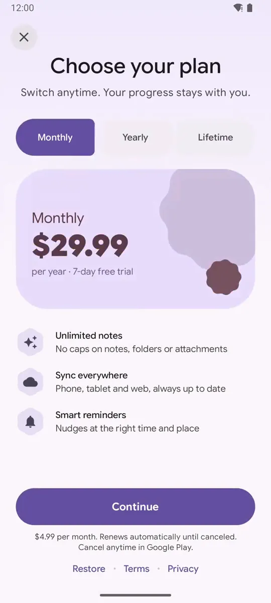 Demo: the plan picker morphs between plans, predictive back returns to the gallery, and the limited-time offer sheet counts down