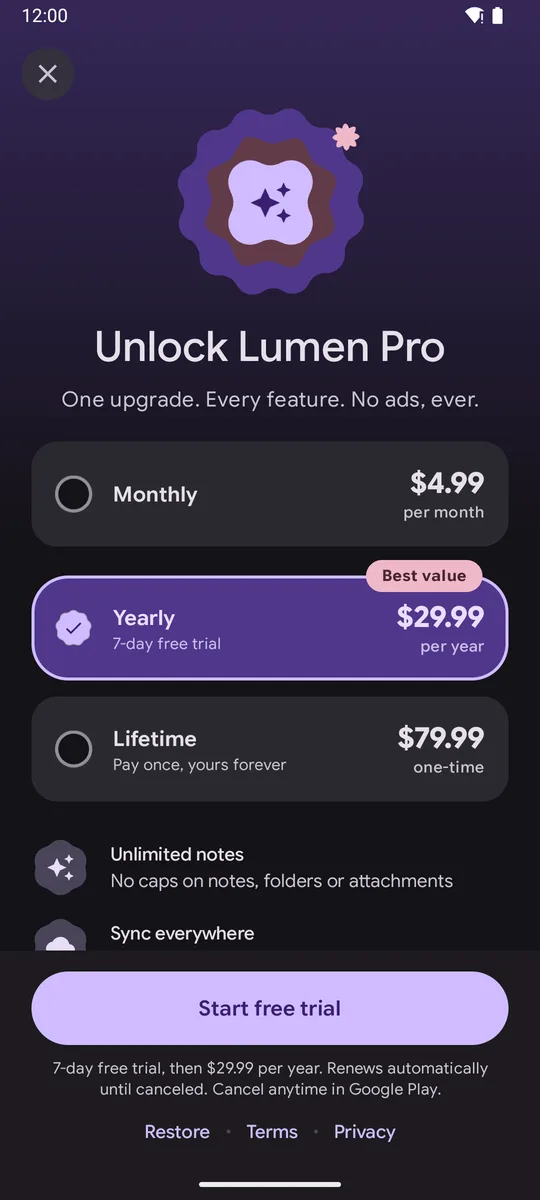 Classic plans paywall, dark theme