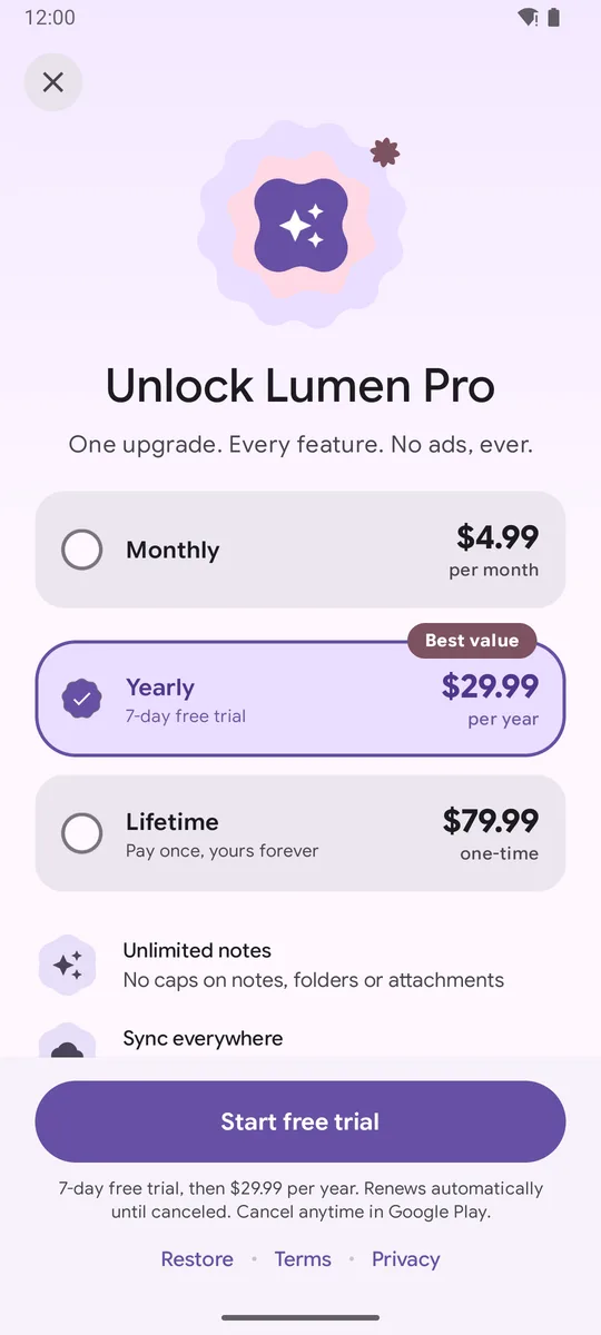 Classic plans paywall with monthly, yearly and lifetime cards