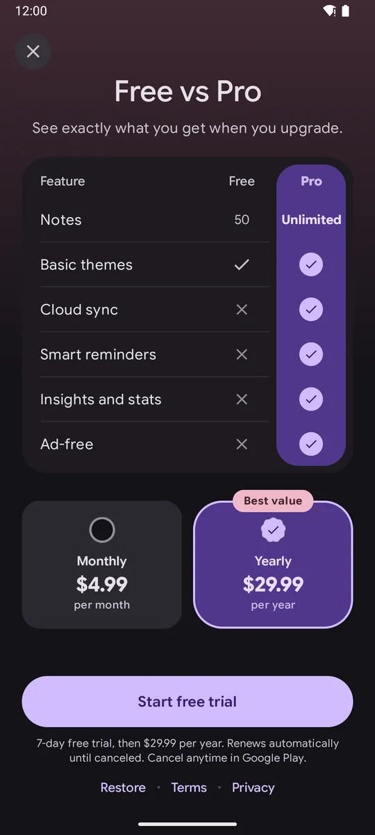 Free vs Pro comparison paywall, dark theme