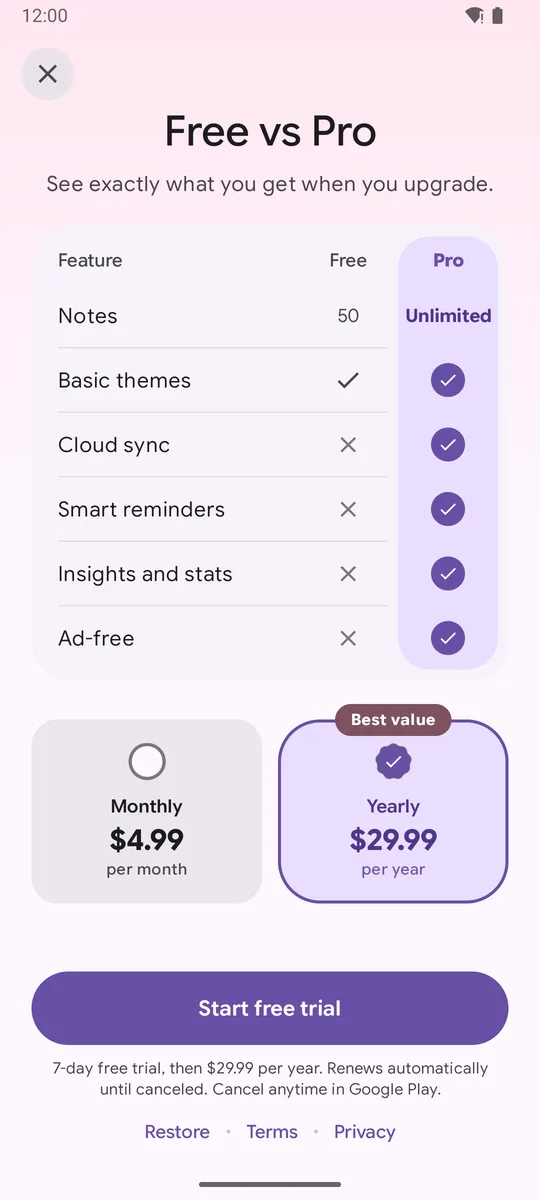 Free vs Pro comparison table paywall
