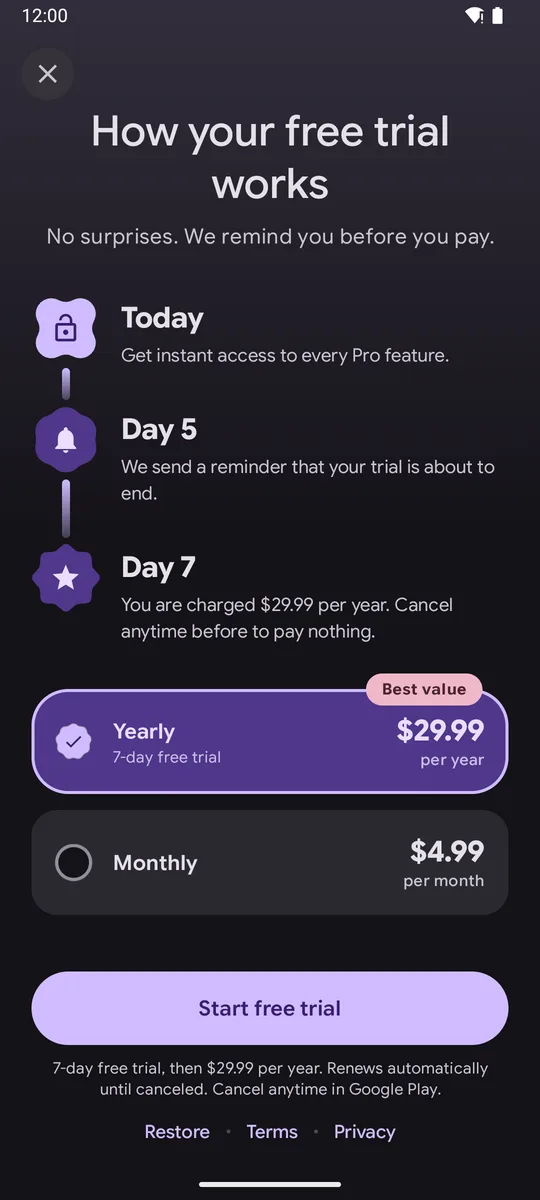 Trial timeline paywall, dark theme