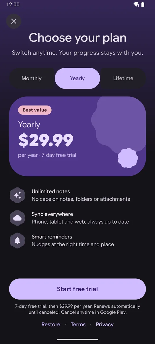 Plan picker paywall, dark theme