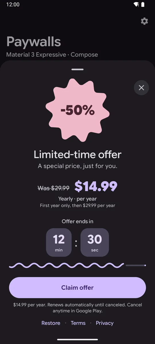 Limited-time offer bottom sheet, dark theme