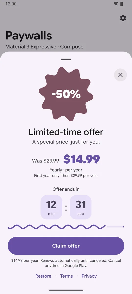 Limited-time offer bottom sheet with countdown and wavy progress